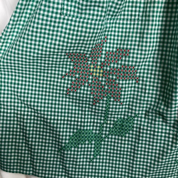 Vintage Handmade Green Gingham Kitchen Waist Apron with Stitched Poinsettias - Picture 2 of 10